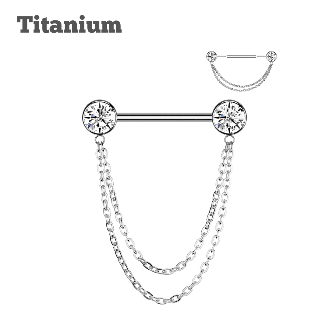 titanium bezeled gem with chain threadless straight barbell for nipple piercing