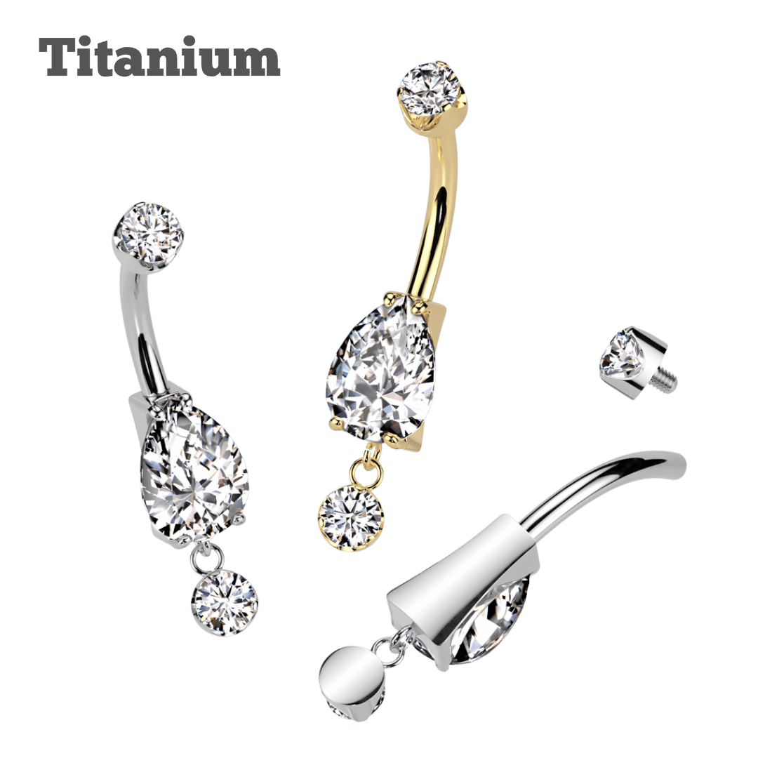 Titanium Internally Threaded Pear Gem with Dangling Curved Barbell