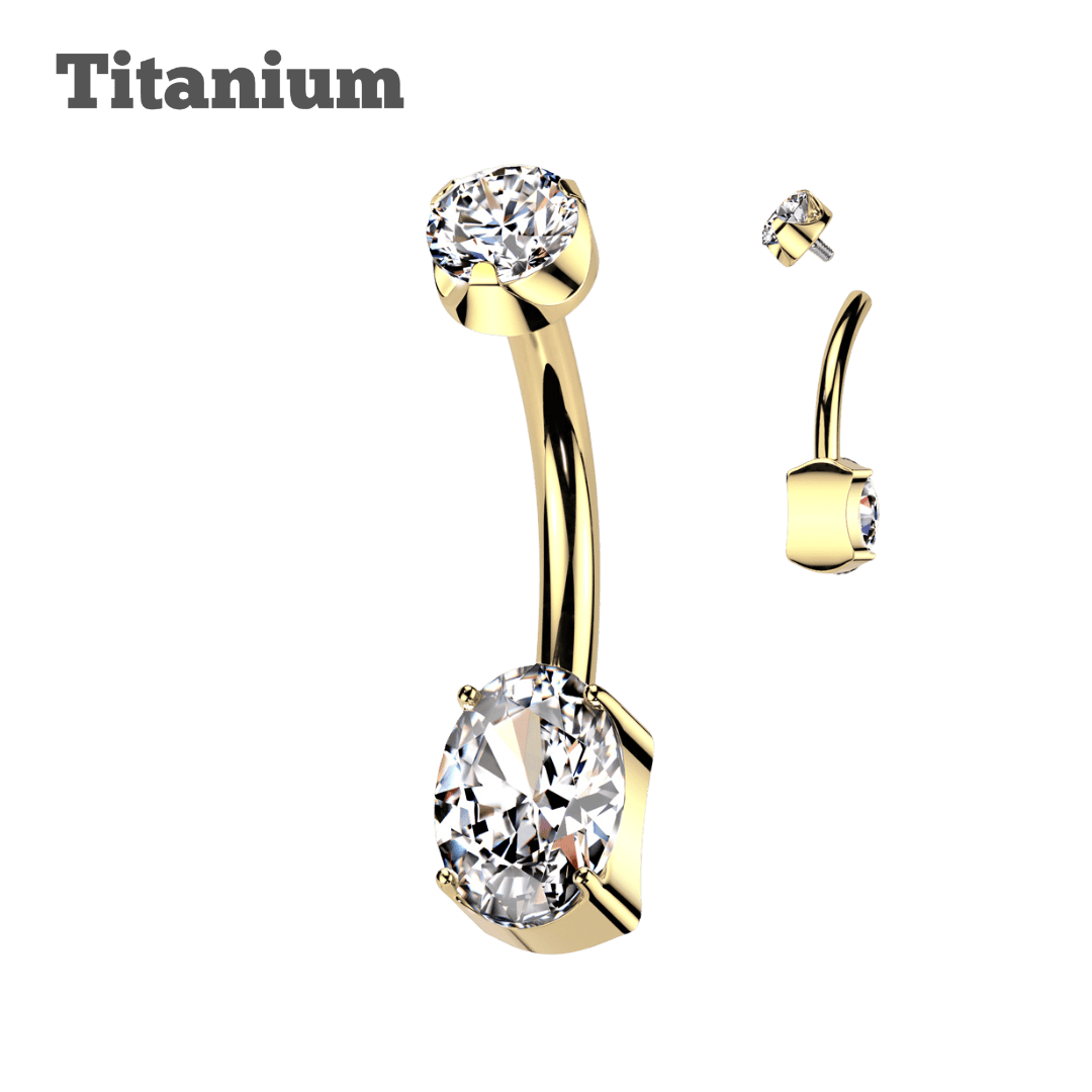 gold color titanium pronged top with oval gem threaded curved barbell belly piercing jewelry