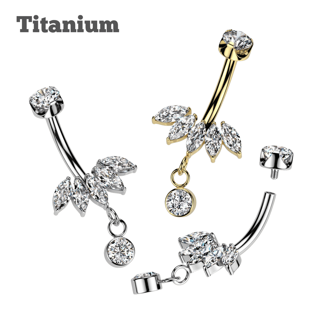 Titanium Internally Threaded Marquis Cluster with Dangling Round Gem Curved Barbell