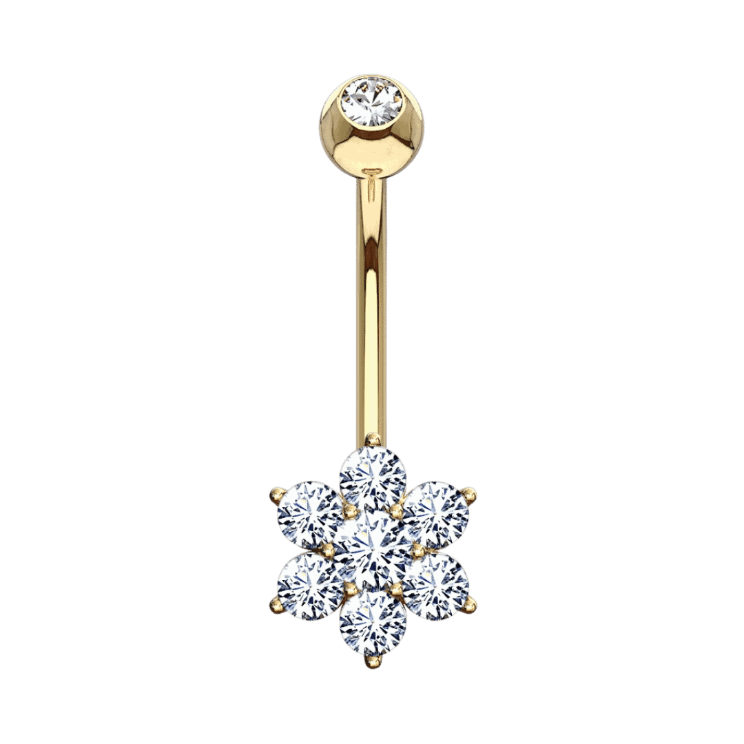 flower gem belly barbell 14k yellow gold