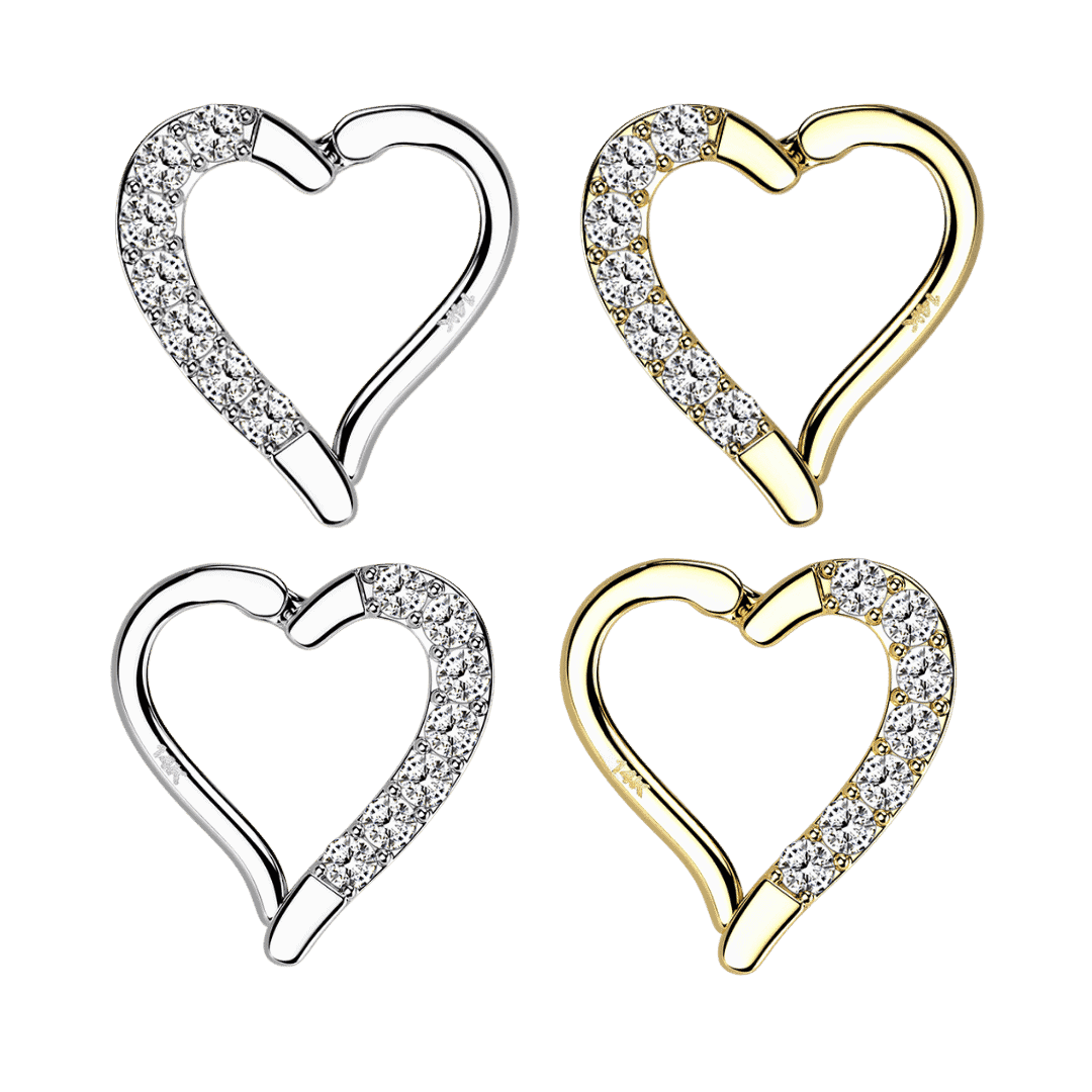 left side paved and right side  paved heart hinged hoop 14k pure gold earring