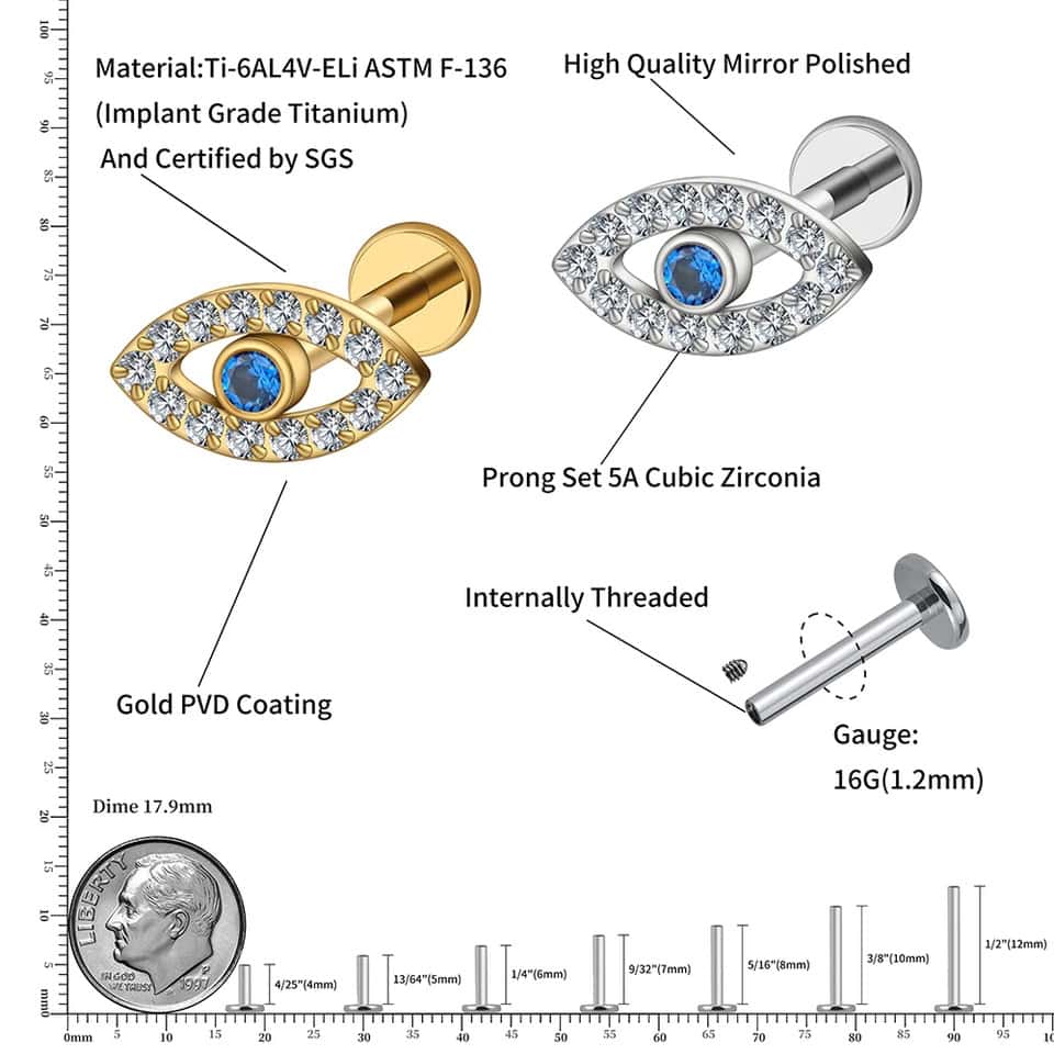 titanium blue evil eye threaded labret earring size