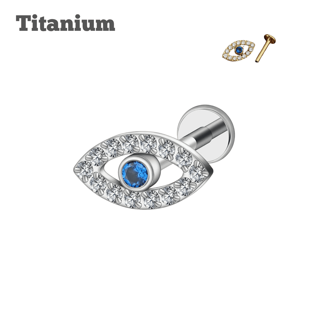 blue evil eye threaded labret titanium earring steel color