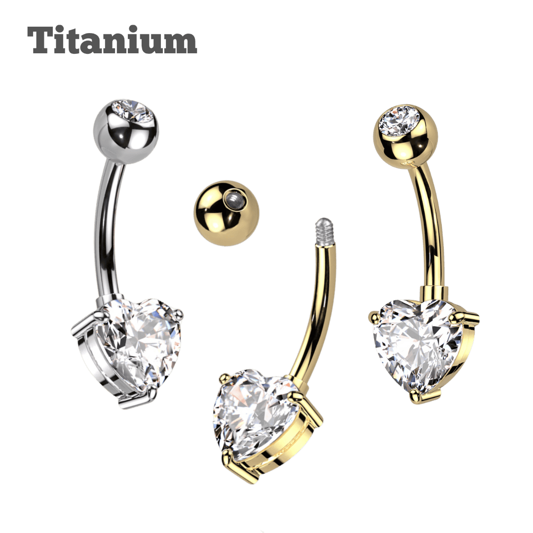 belly piercing jewelry titanium pronged heart barbell 