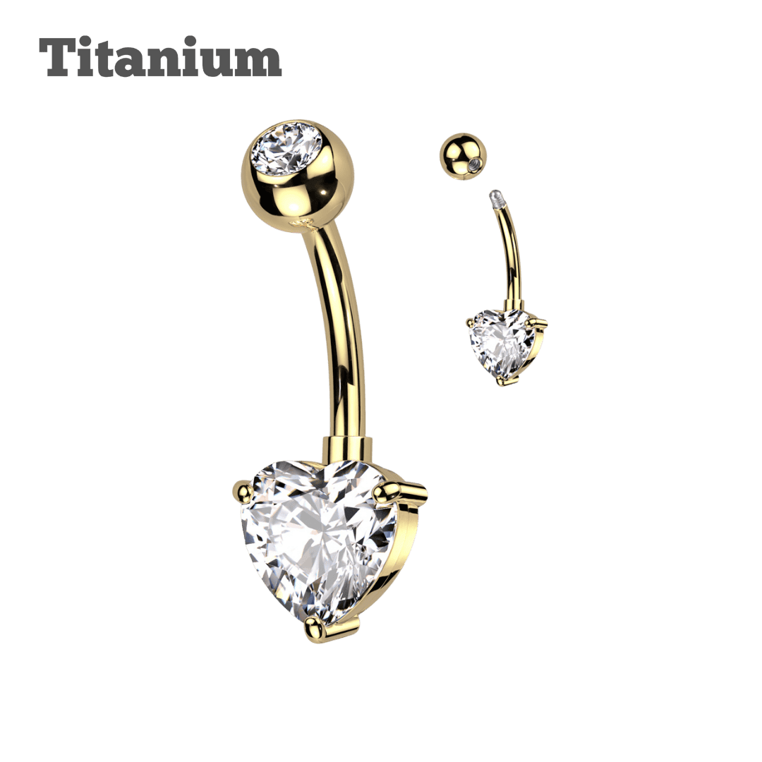 titanium externally threaded pronged heart barbell gold color belly piercing jewelry
