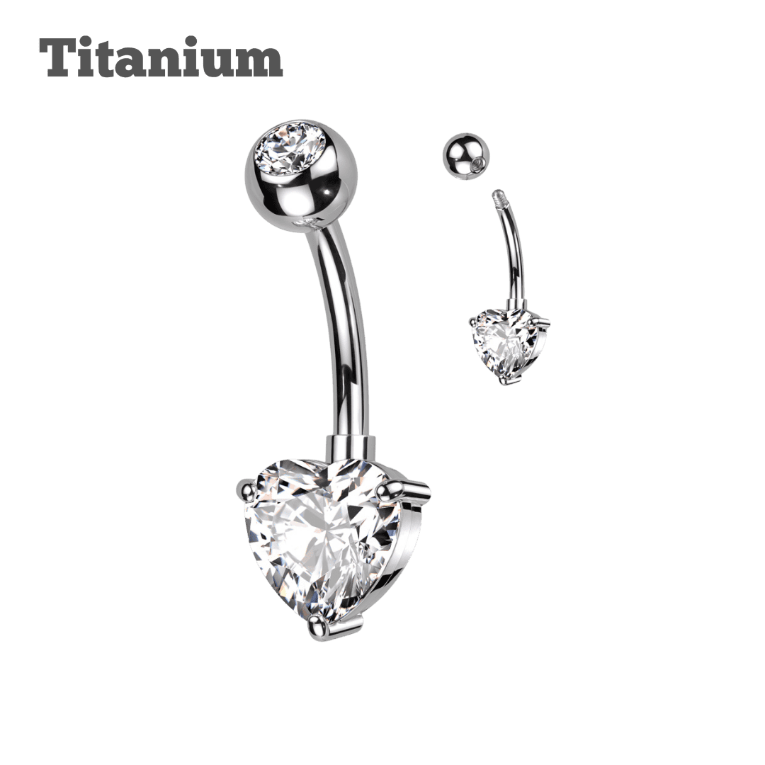 steel color externally threaded pronged heart belly barbell belly piercing jewelry