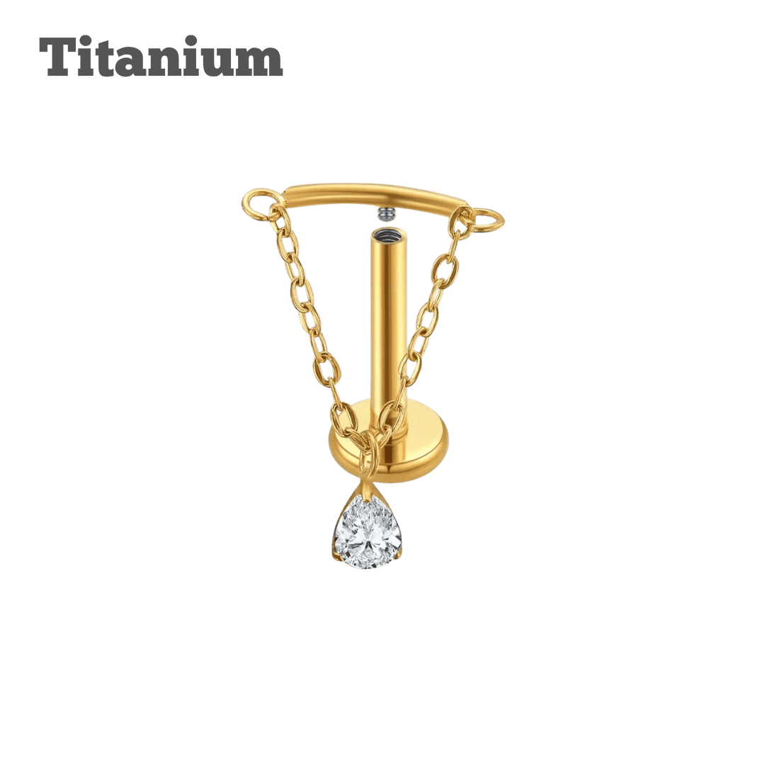 floating chain earring with teardrop gem titanium gold earring