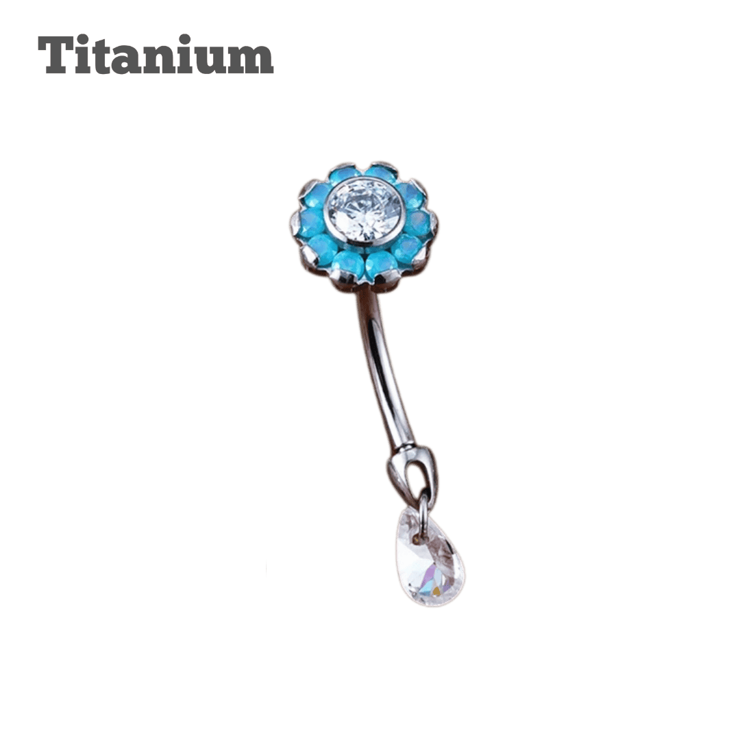 Titanium Daisy Top with Dangling Gem Threaded Curved Barbell